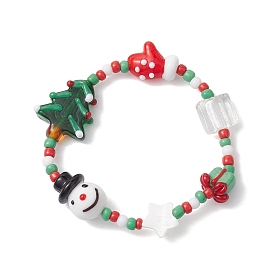 Christmas Theme Glass Beaded Stretch Bracelets, Christmas Tree & Snowman & Gift Bracelets for Women