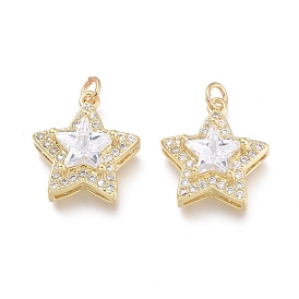 Brass Micro Pave Cubic Zirconia Pendants, with Jump Rings, Cadmium Free & Lead Free, Star