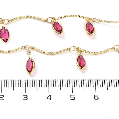 Handmade Brass Curved Bar Link Chains, with Deep Pink Glass Horse Eye Charms, with Spool, Soldered