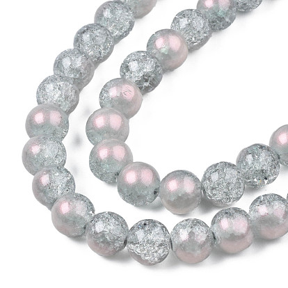Brins de perles de verre craquelées translucides, avec de la poudre de paillettes, ronde