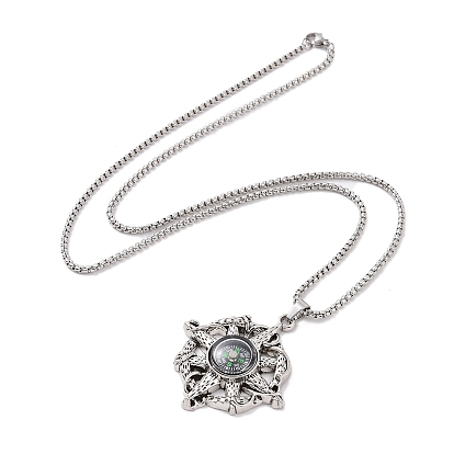201 Stainless Steel Chain, Zinc Alloy and Glass Pendant Necklaces, Devil Compass