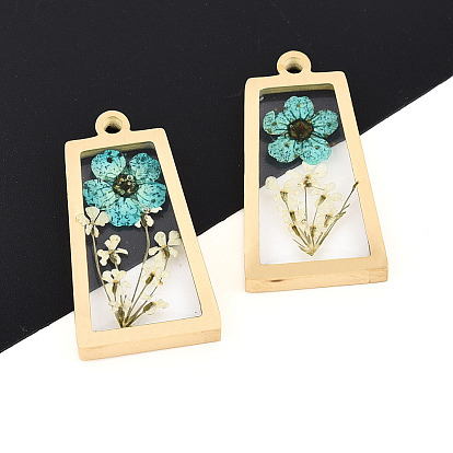 304 подвески из нержавеющей стали с эпоксидной смолой, трапеция с сухоцветом, ионное покрытие (ip), реальный 18 k позолоченный