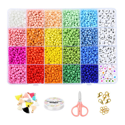 DIY Jewelry Making Kits, Including Round Glass Seed Beads, Flat Round Acrylic Beads, Polycotton Tassel Pendants, Elastic Crystal Thread, Scissors, Alloy Clasps and Iron Open Jump Rings