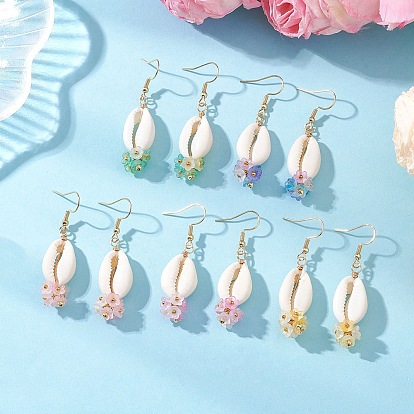 Серьги-подвески из натуральных смешанных ракушек каури, формы раковины, с гальванизированной немагнитной синтетической гематитовой бусиной и фурнитурой для сережек из акрила и нержавеющей стали