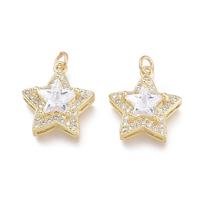 Brass Micro Pave Cubic Zirconia Pendants, with Jump Rings, Cadmium Free & Lead Free, Star