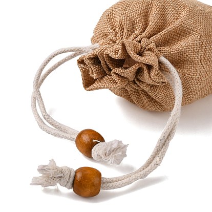 Burlap Packing Pouches, Drawstring Bags, with Wood Beads
