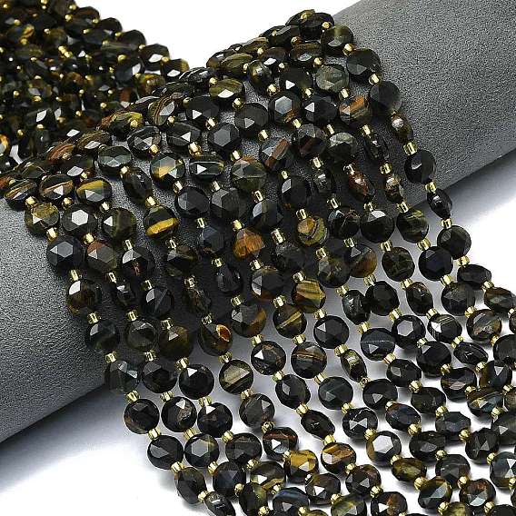 3- окрашенные нити из натурального тигрового глаза, граненый шестиугольный разрез, плоско-круглые, с бисером