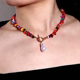 Colorful Stone Necklace with Geometric Pearl Pendant and OT Clasp Chain Jewelry