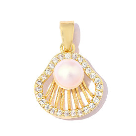 Латунные подвески с фианитами, с ABS имитации жемчуга, подвески в форме ракушек, ионное покрытие (ip), зеркальная полировка, реальный 18 k позолоченный