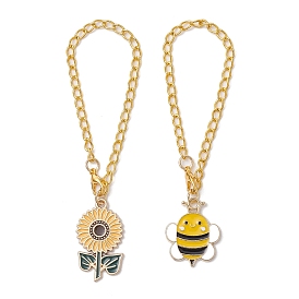 2Pcs 2 Styles Sunflower & Bees Alloy Enamel Cup Charms, with Brass Twisted Chains and Zinc Alloy Lobster Claw Clasps