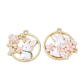 Alloy with Enamel Pendants, Flat Round with Rabbit & Flower Charms, Cadmium Free & Nickel Free & Lead Free, Rack Plating, Golden