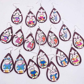 Пасхальные деревянные серьги-подвески, слеза с кроликом, платина