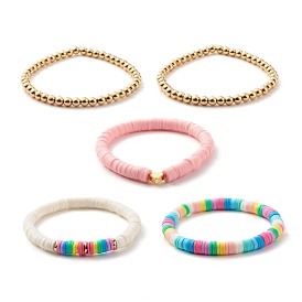 Synthetic Hematite & Polymer Clay Heishi Beads Stretch Bracelets Set, Gemstone Jewelry with Heart Brass Beads for Women