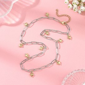Collares de cadena con borla de corazón pequeño y clip de papel de acero inoxidable de dos tonos para mujer