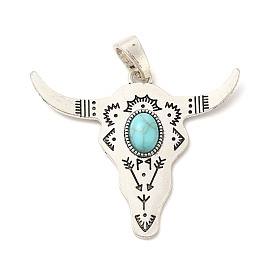 Retro Alloy Big Pendants, with Synthetic Turquoise, Cattle Charms