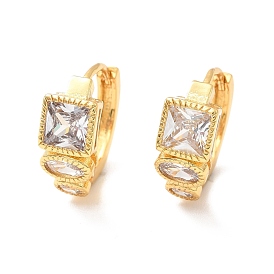 Clear Cubic Zirconia Square and Flat Round Hoop Earrings, Brass Hinged Earrings for Women, Cadmium Free & Nickel Free & Lead Free