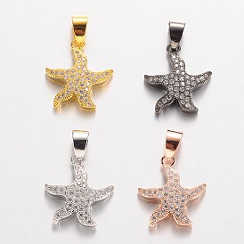 Starfish/Sea Stars Brass Cubic Zirconia Pendants, 18x16x3.5mm, Hole: 4x5.5mm