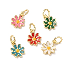 Brass Enamel Charms, with Jump Ring, Long-Lasting Plated, Lead Free & Cadmium Free, Flower Charms, Real 18K Gold Plated