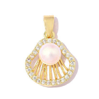 Латунные подвески с фианитами, с ABS имитации жемчуга, подвески в форме ракушек, ионное покрытие (ip), зеркальная полировка, реальный 18 k позолоченный