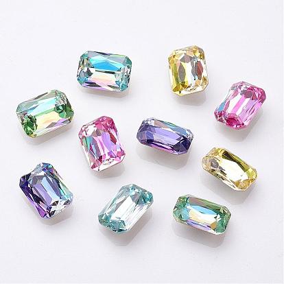 K9 Glass Rhinestone Cabochons, Imitation Austrian Crystal, Pointed Back & Back Plated, Faceted, Rectangle Octagon, Back Plated