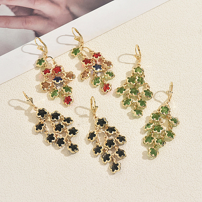 Bohemian Brass Leverback Earrings, Flower, Glass Tassel Earrings for Women, Golden