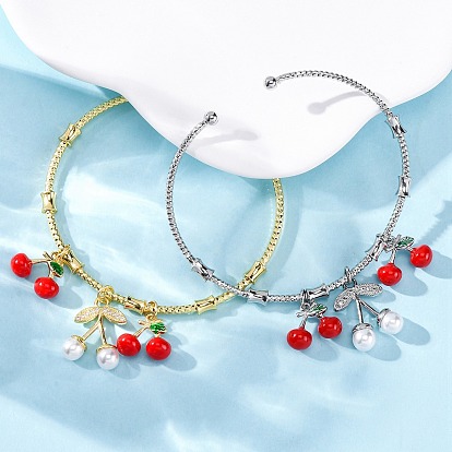 Латунные браслеты-манжеты с микропаве из прозрачного кубического циркония, бусины из искусственного жемчуга и эмалевые подвески в виде вишни для женщин, стойки покрытие, без кадмия и без свинца, долговечный