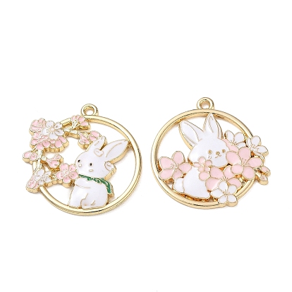 Alloy with Enamel Pendants, Flat Round with Rabbit & Flower Charms, Cadmium Free & Nickel Free & Lead Free, Rack Plating, Golden