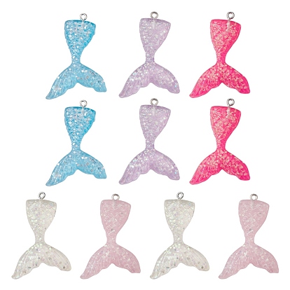 10Pcs 5 Colors Transparent Resin Pendants, Glitter Mermaid Tail Shaped Charms with Platinum Plated Iron Loops
