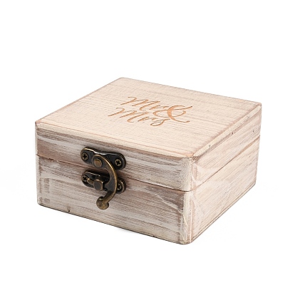 Wooden Finger Ring Box, with Lock, Flip Boxes, Rectangle with Word Mr & Mrs