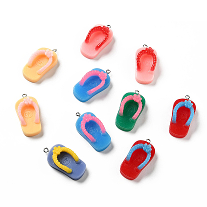 Opaque Resin Pendants, with Platinum Tone Iron Loops, Flip Flops