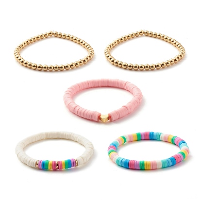 Synthetic Hematite & Polymer Clay Heishi Beads Stretch Bracelets Set, Gemstone Jewelry with Heart Brass Beads for Women