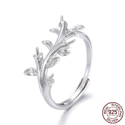 925 Sterling Silver Cuff Rings, Design Ring Mounts Fittings with Pearl Seat, For Half Drilled Beads, Branch, with 925 Stamp