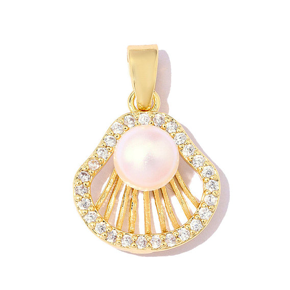 Латунные подвески с фианитами, с ABS имитации жемчуга, подвески в форме ракушек, ионное покрытие (ip), зеркальная полировка, реальный 18 k позолоченный