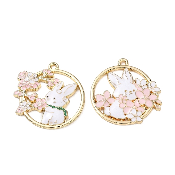 Alloy with Enamel Pendants, Flat Round with Rabbit & Flower Charms, Cadmium Free & Nickel Free & Lead Free, Rack Plating, Golden