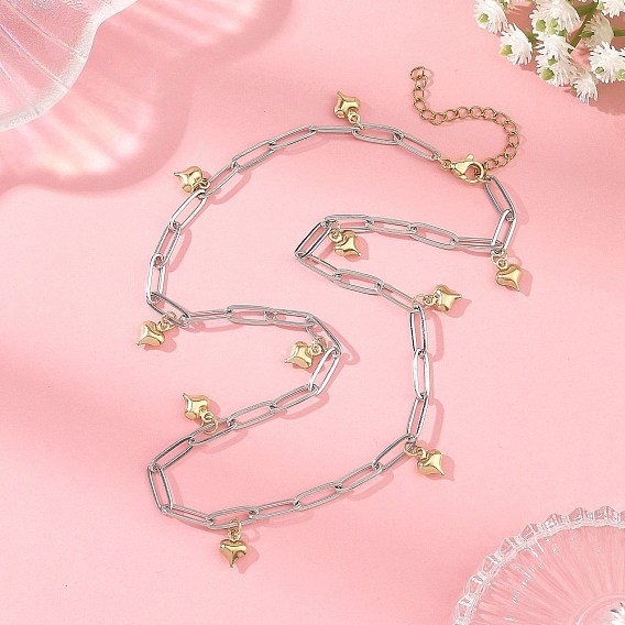 Duo Tone 304 Stainless Steel Tiny Heart Tassel Paperclip Chain Necklaces for Women