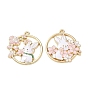 Alloy with Enamel Pendants, Flat Round with Rabbit & Flower Charms, Cadmium Free & Nickel Free & Lead Free, Rack Plating, Golden