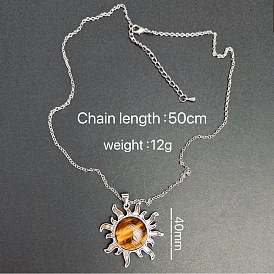 Подвеска в виде солнца из натурального камня, цепочка из сплава, винтажное ожерелье, платина