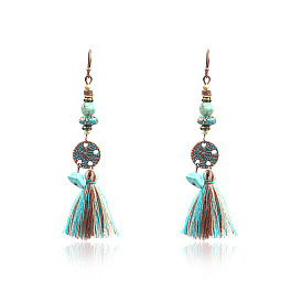 Tibetan Style Alloy Dangle Earrings, with Synthetic Turquoise Beads, Flat Round