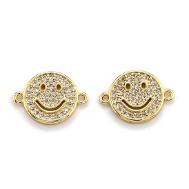 Brass Micro Pave Clear Cubic Zirconia Links, Long-Lasting Plated, Flat Round with Smiling Face