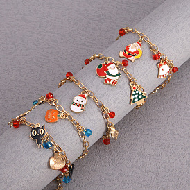 Christmas Charm Bracelet with Santa Claus, Reindeer, Snowman, Red Crystal - Festive Gift.