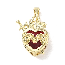Brass with Red Glass Pendants, Sacred Heart with Sword & Rose Charms