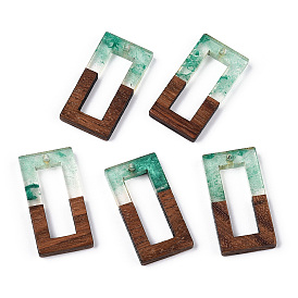 Transparent Resin & Walnut Wood Pendants, with Glitter Powder, Hollow Rectangle Charms