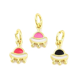 Real 18K Gold Plated Rack Plating Brass Enamel Charms, with Jump Ring, Long-Lasting Plated, Lead Free & Cadmium Free, Spaceship Charm