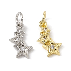 Brass Micro Pave Cubic Zirconia Charms, with Jump Rings, 3-Star Charms