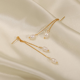 Chic Minimalist Titanium Steel Earrings with 18K Gold, Natural Freshwater Pearl and Tassel Drops for French Women
