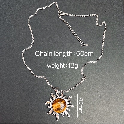 Подвеска в виде солнца из натурального камня, цепочка из сплава, винтажное ожерелье, платина