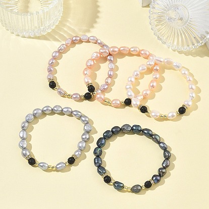 Эластичные браслеты для женщин из натурального культивированного пресноводного жемчуга и бусин из вулканической породы., картофель