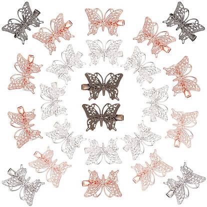 Rack Plating Hair Accessories Iron Alligator Hair Clip Findings, with Brass Filigree Cabochon Bezel Settings, Butterfly