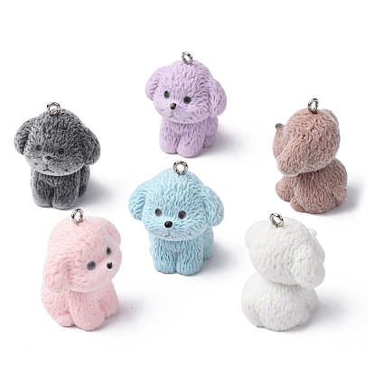 Подвески из непрозрачной флокированной смолы, собачий шарм, с платиновыми тоновыми железными петлями