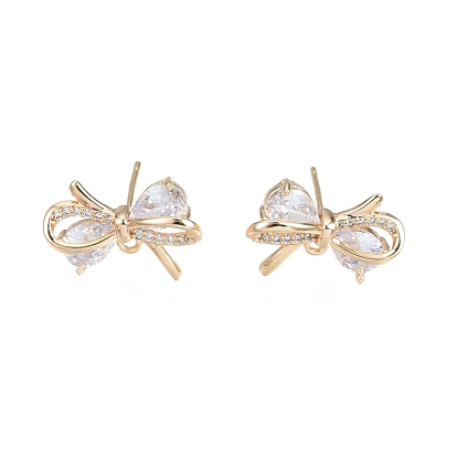 Brass Micro Pave Clear Cubic Zirconia Stud Earring Findings, with Horizontal Loops, Nickel Free, Bowknot